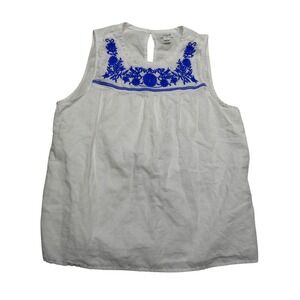 J Crew Shirt Womens 8 White Blue Embroidered Linen Cotton Sleeveless Top Boho‎